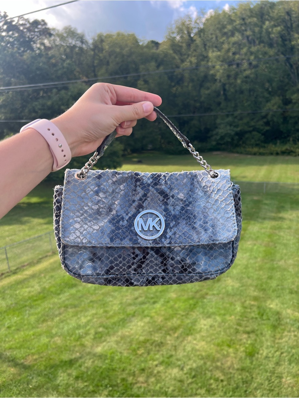 MICHAEL KORS FULTON DENIM GENUINE LEATHER FLAP SHOULDER BAG DOUBLE HANDLE